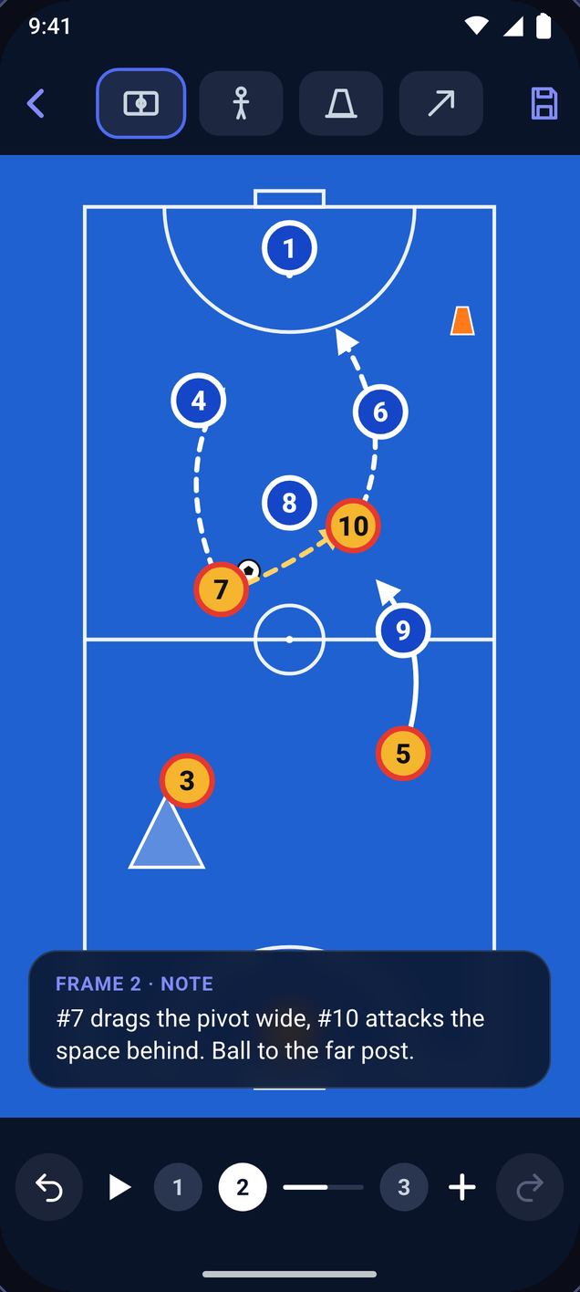 SyncSport tactics board on a futsal court, with numbered players, the ball, drawn passes and runs, a frame note and the frame timeline