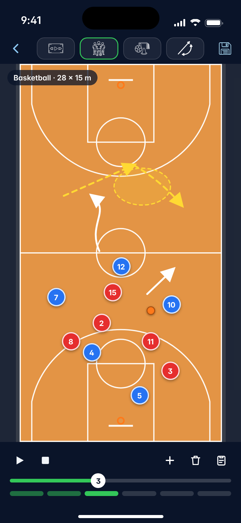 SyncSport tactics board on a basketball court, with both teams, drawn runs and passes, a highlighted zone and the frame timeline