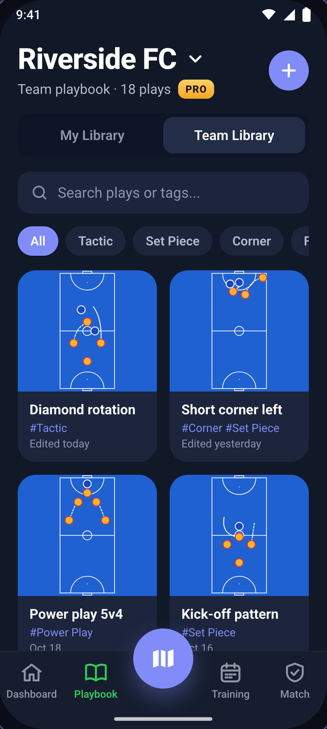 Team playbook grid with search, tag filter chips and play thumbnails