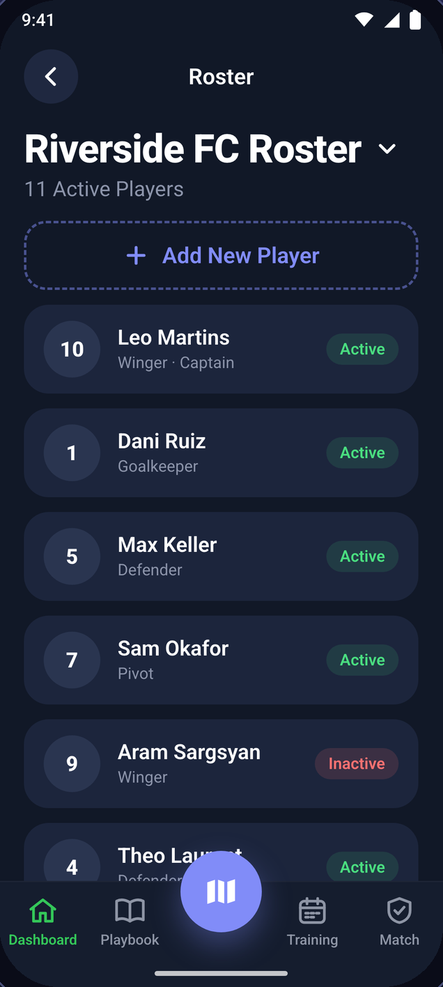 Team roster listing players with jersey numbers, positions and Active or Inactive status