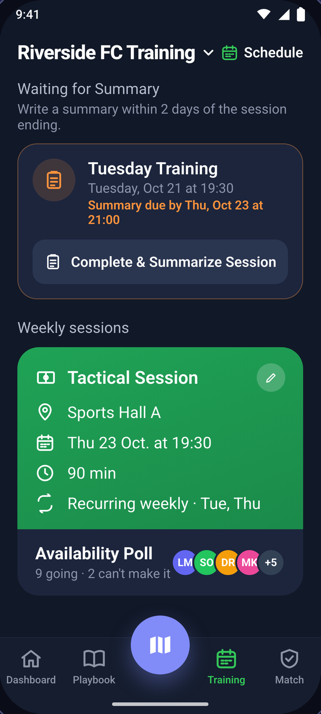Training screen with a recurring weekly session, its availability poll and a session waiting for a summary