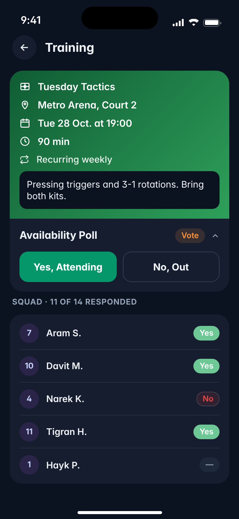 Training session detail with venue, time and notes, a Yes/No availability poll and each player’s response