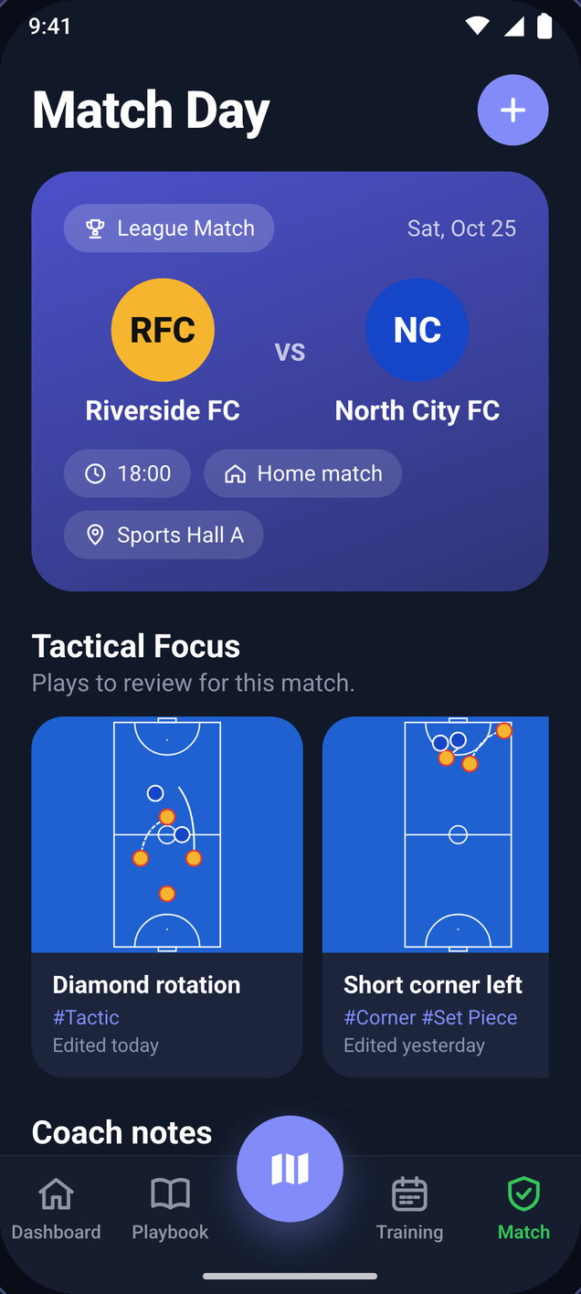 Match day screen with the opponent card, kick-off time, venue and tactical focus plays