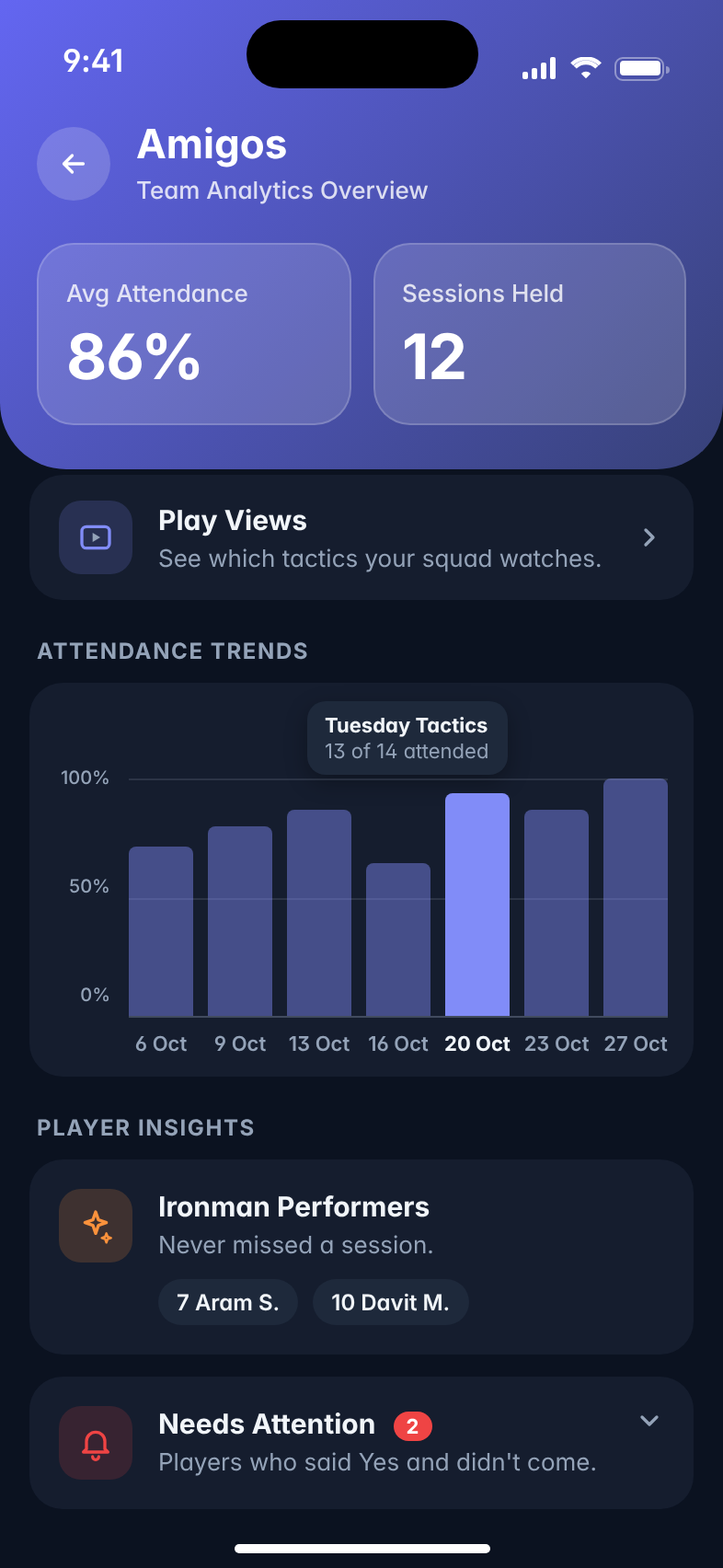 Team analytics with average attendance, sessions held, an attendance trend chart and players who never missed a session