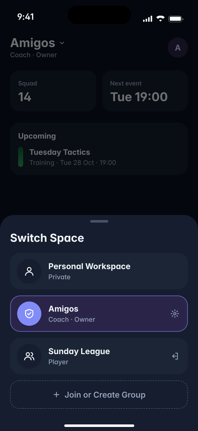Switch Space sheet listing the private personal workspace and two teams, with the user’s role in each