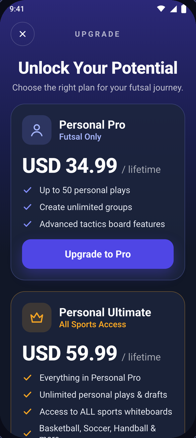 Upgrade screen showing Personal Pro and Personal Ultimate with their prices and features