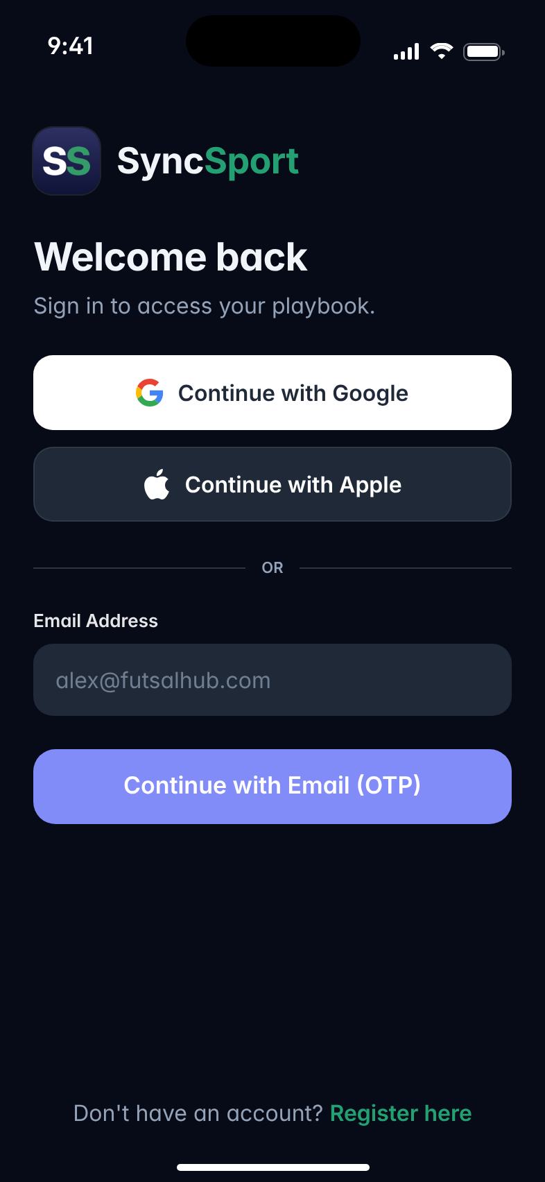 SyncSport sign-in screen with Continue with Google, Continue with Apple and email sign-in