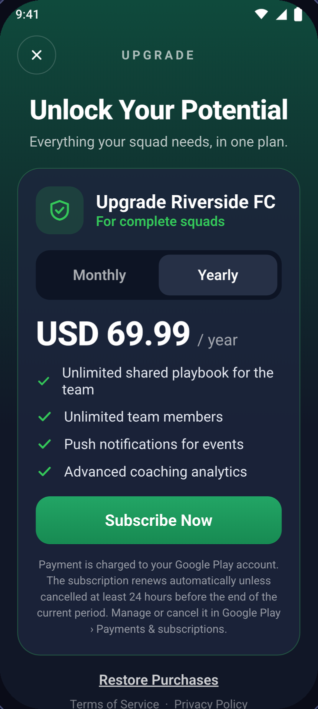 Group Pro upgrade screen for a team, with monthly and yearly billing and the plan features